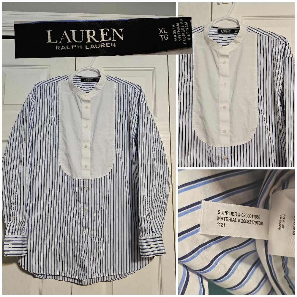 Lauren Ralph Lauren Striped Bib-Front Tuxedo Shirt XL Blue White Band Collar